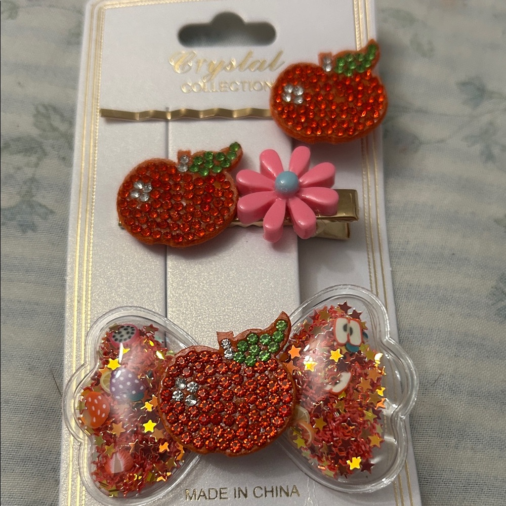 Sparkling Apple and Flower Hair Clips